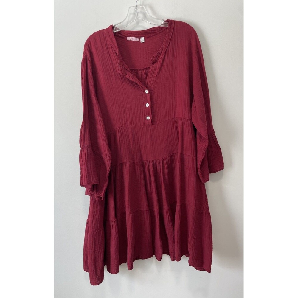 Vasna Made In Italy Gauze Cotton XL Maroon Red Tiered Long Sleeve Dress Flirty